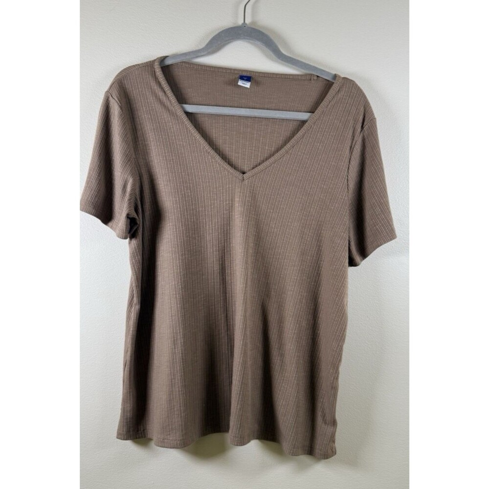 Old Navy Luxe Womens Brown Solid Rib Knit V-Neck Short Sleeve T-Shirt - M
